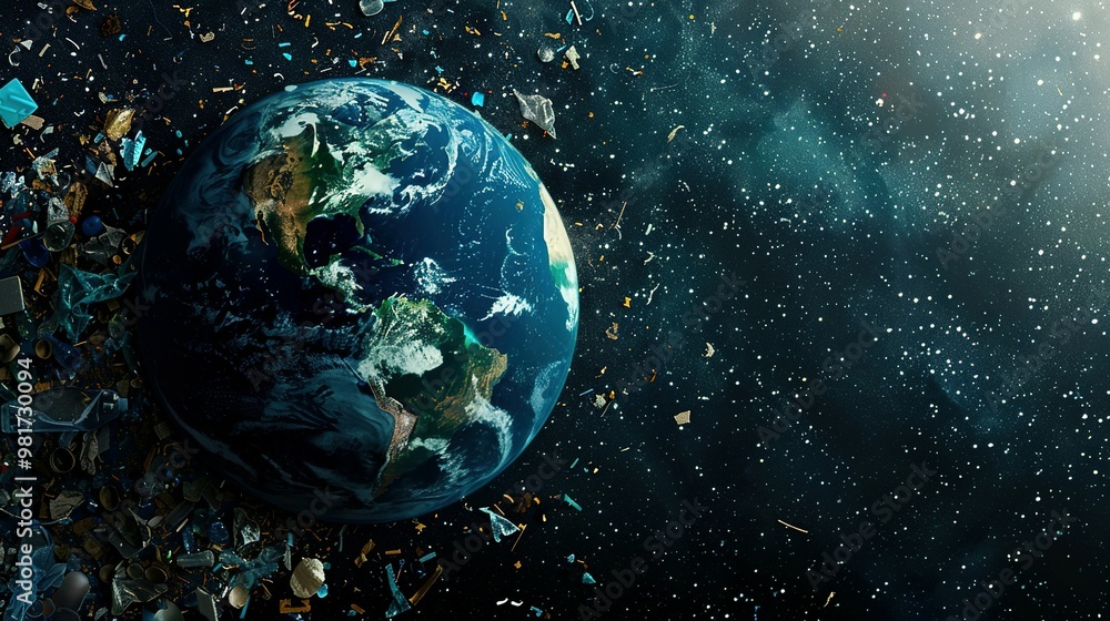 Obraz premium Planet vs. Plastics: Earth from Space Highlighting Plastic Waste on One Side for Earth Day