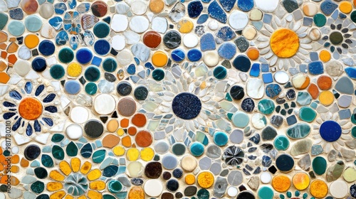 Patterned mosaic tile texture with colorful  intricate designs and a glossy finish