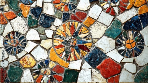 Patterned mosaic tile texture with colorful  intricate designs and a glossy finish