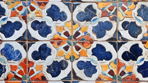 Patterned mosaic tile texture with colorful  intricate designs and a glossy finish