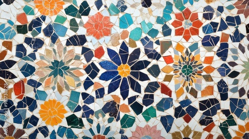 Patterned mosaic tile texture with colorful  intricate designs and a glossy finish