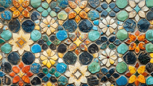 Patterned mosaic tile texture with colorful  intricate designs and a glossy finish
