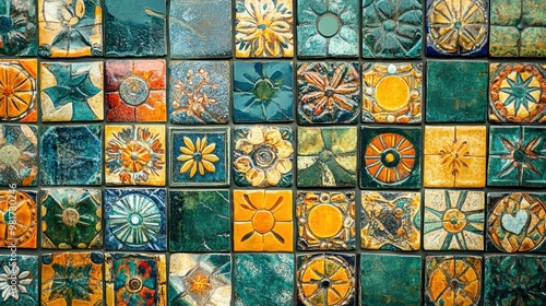 Patterned mosaic tile texture with colorful  intricate designs and a glossy finish