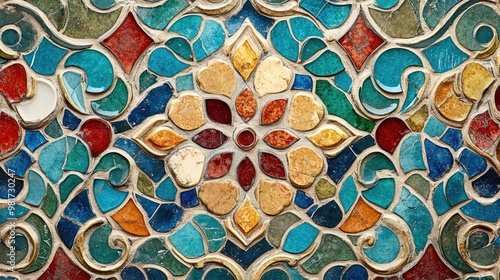 Patterned mosaic tile texture with colorful  intricate designs and a glossy finish
