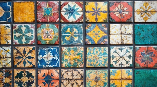 Patterned mosaic tile texture with colorful  intricate designs and a glossy finish