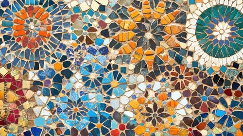 Patterned mosaic tile texture with colorful, intricate designs and a glossy finish