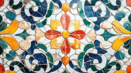 Patterned mosaic tile texture with colorful, intricate designs and a glossy finish