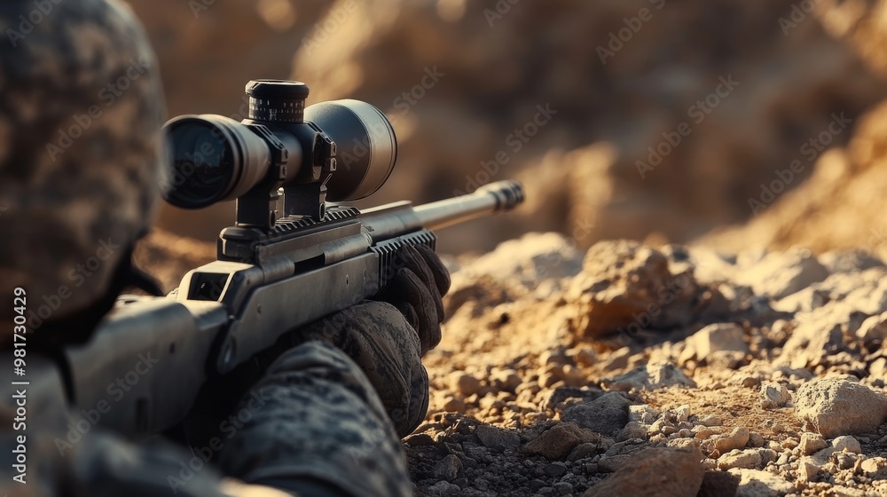 Fototapeta premium Close up of a sniper lying on a hill aiming through rifle scope in a desert landscape