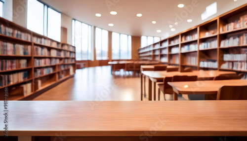 Blurred of the interior of the public library with wooden tables, chairs and bookshelves. Education background concept.