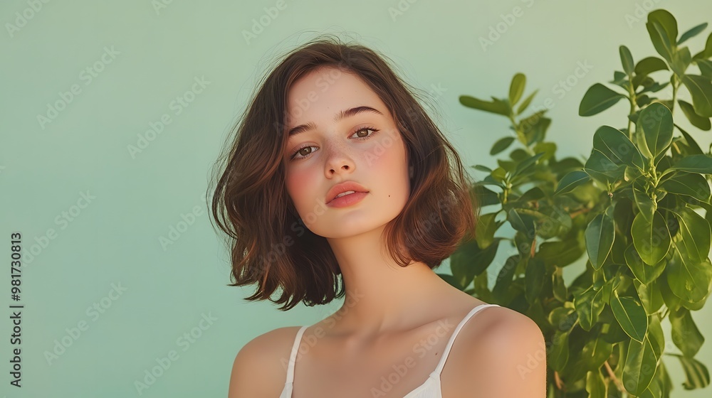 Young woman with shoulder length hair stands confidently on soft green background, Generative AI Young woman with shoulder length hair stands confidently on soft green background, Generative AI