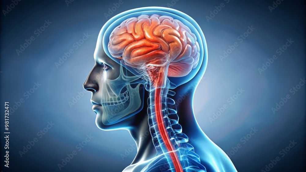 A dramatic and informative illustration of the cerebrospinal fluid, showing the normal flow and circulation, contrasted with the disrupted flow caused by meningitis A dramatic and informative illustration of the cerebrospinal fluid, showing the normal flow and circulation, contrasted with the disrupted flow caused by meningitis