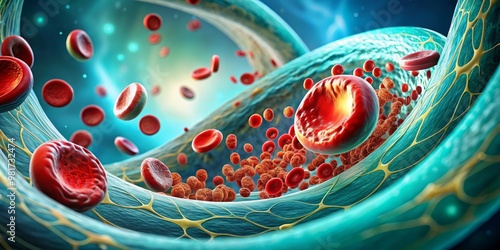 A stylized 3D illustration of a blood cell flowing through a blood vessel with accurate anatomical details against a warm blue-green background with subtle wave pattern photo