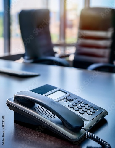 Isolated desk phone with depth of field on a corporate office background