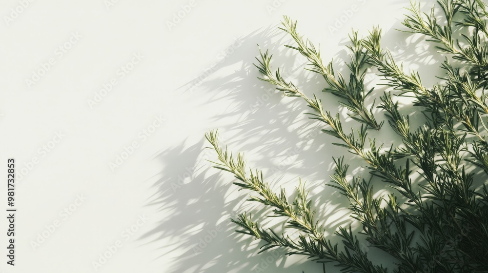Minimalist photo of green rosemary sprigs casting shadows on a plain white background, showcasing natural beauty and simplicity. Minimalist photo of green rosemary sprigs casting shadows on a plain white background, showcasing natural beauty and simplicity.