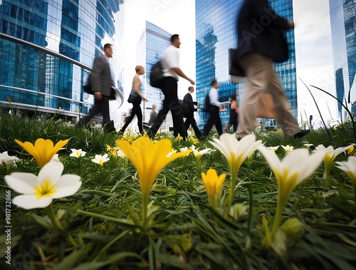 A lush urban green space flourishes with vibrant wildflowers, showcasing biodiversity amidst the concrete jungle of a bustling city center (24) photo