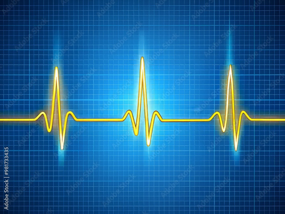 Detailed ECG waveform illustration on a gradient blue background, highlighting the characteristic sinus rhythm pattern in bright yellow, with clear annotations and labels Detailed ECG waveform illustration on a gradient blue background, highlighting the characteristic sinus rhythm pattern in bright yellow, with clear annotations and labels