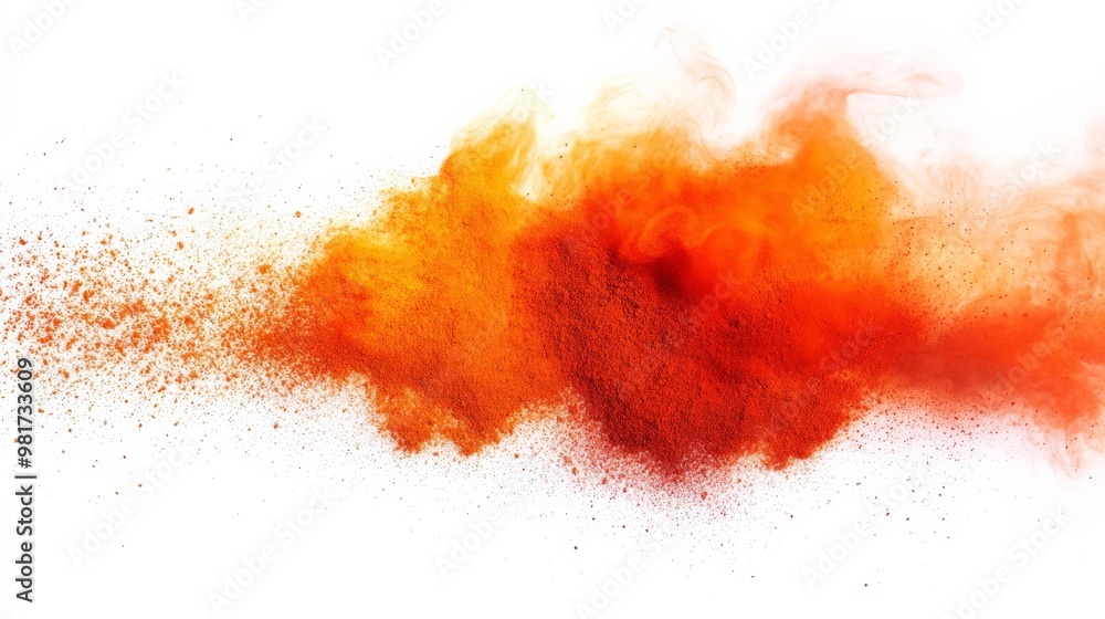 Vibrant burst of red-orange powder on white background, creating a dynamic and energetic visual explosion of color and texture. Vibrant burst of red-orange powder on white background, creating a dynamic and energetic visual explosion of color and texture.