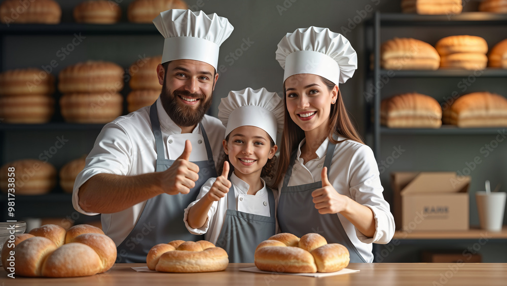 A joyful family proudly running their bakery, showcasing freshly baked bread. This heartwarming image is perfect for promoting family businesses, bakery websites, and food-related content A joyful family proudly running their bakery, showcasing freshly baked bread. This heartwarming image is perfect for promoting family businesses, bakery websites, and food-related content