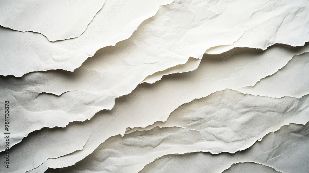 Abstract background of textured white paper with torn edges and wrinkles.