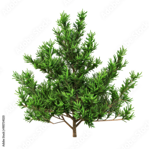 A lush green pine tree with dark green needles and a thick trunk