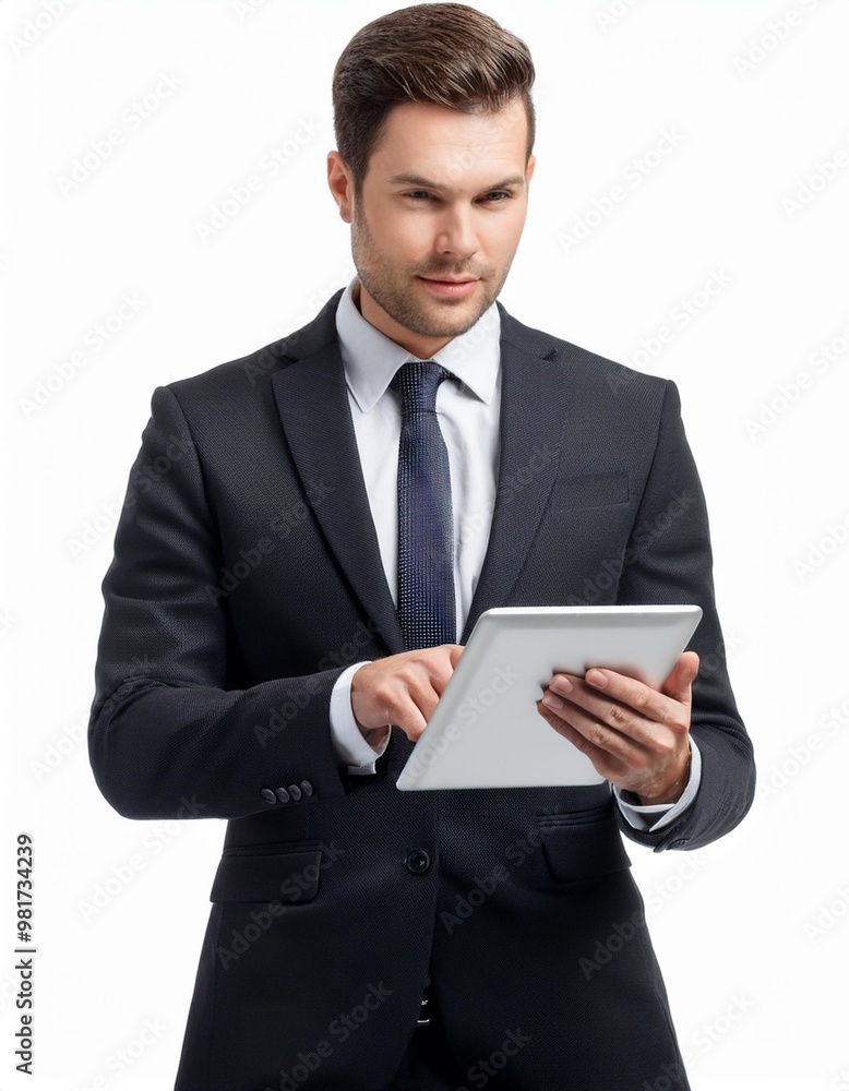 Businessman Using a Tablet for Work Isolated on White Background, Clipping Path, Full Depth of Field Businessman Using a Tablet for Work Isolated on White Background, Clipping Path, Full Depth of Field