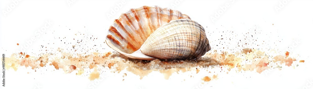 Fototapeta premium A beautiful seashell resting on sandy beach, showcasing intricate patterns and natural colors, perfect for coastal or marine themes.