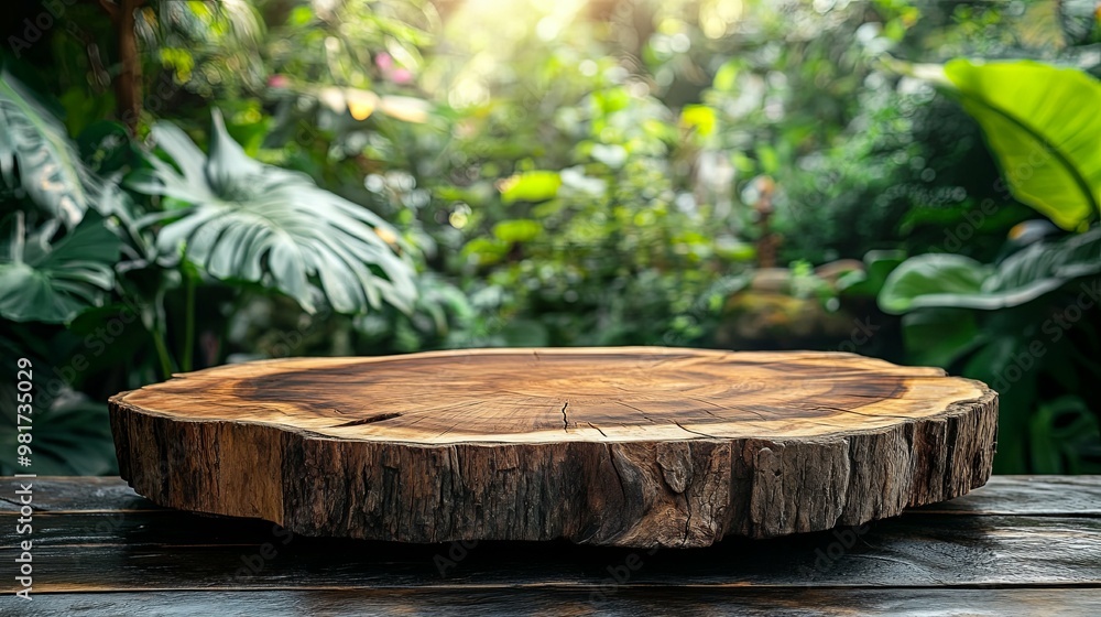 Wooden Tree Trunk Slice Displayed on a Rustic Wooden Table with Blurred Lush Green Foliage Background Wooden Tree Trunk Slice Displayed on a Rustic Wooden Table with Blurred Lush Green Foliage Background