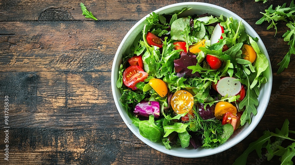 A Bowl of Fresh Salad with Mixed Greens, Tomatoes, and Radishes A Bowl of Fresh Salad with Mixed Greens, Tomatoes, and Radishes