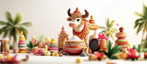Pongal Festival Celebration with Sacred Cow and Vibrant Decorations