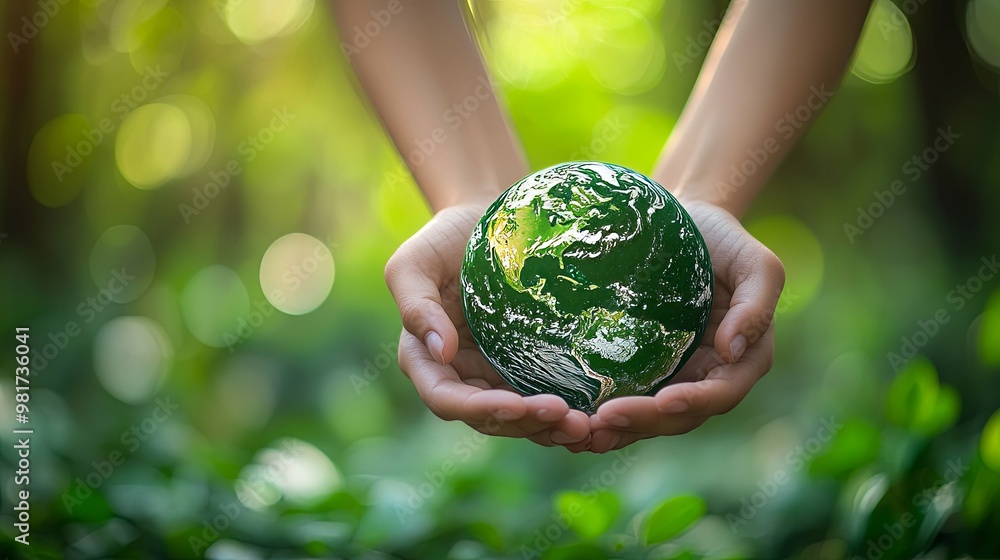 Hands Holding a Green Earth Globe Against a Blurred Green Background Hands Holding a Green Earth Globe Against a Blurred Green Background