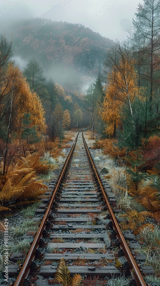 Fototapeta premium Misty Autumn Forest Railway Tracks - Nature Photography