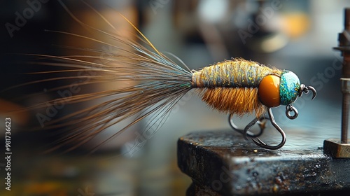 A detailed close-up of a fishing fly, showcasing its intricate design and materials. photo