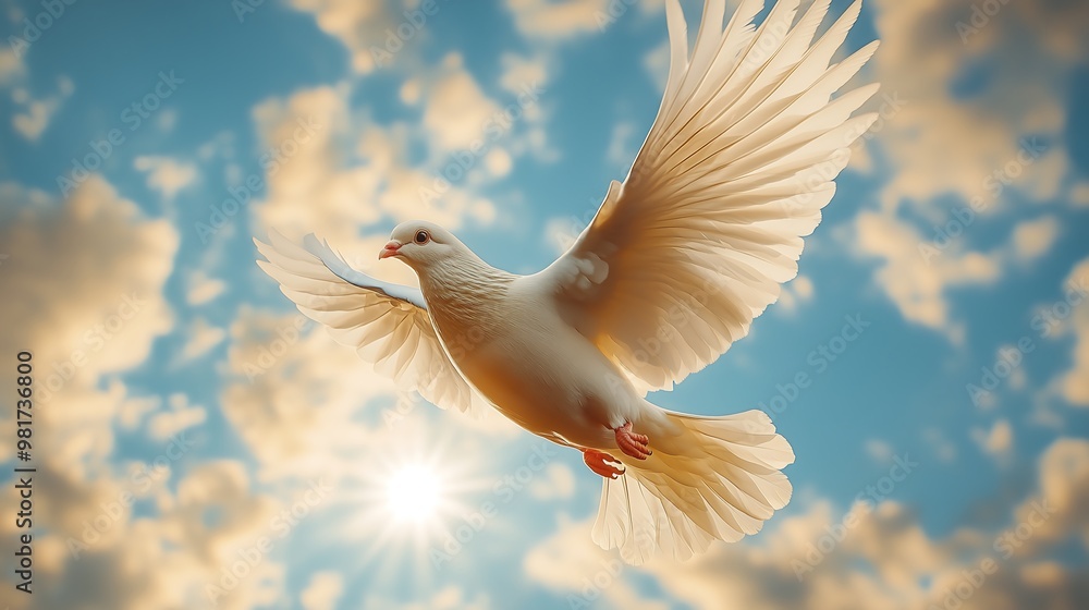 Obraz premium White pigeon flying freely, in a blue sky on a sunny day