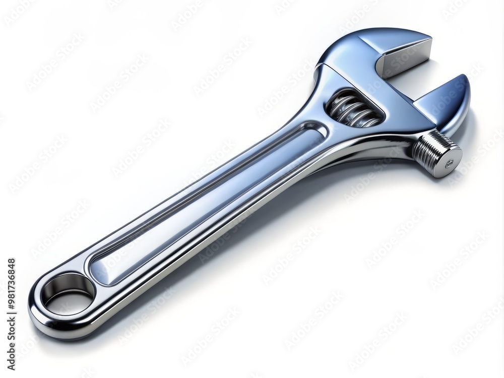 A highly detailed and realistic illustration of a wrench with a polished chrome finish, showcasing subtle reflections on its metallic surface, set against a clean and minimalist white background A highly detailed and realistic illustration of a wrench with a polished chrome finish, showcasing subtle reflections on its metallic surface, set against a clean and minimalist white background