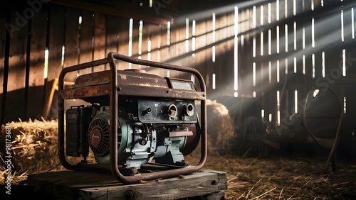 Obraz na płótnie Gas-powered generator inside a rustic barn with sunlight streaming in