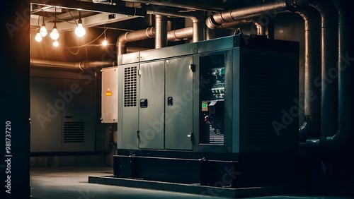 Backup generator in a dimly lit hospital basement