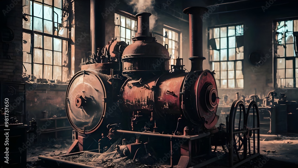 Naklejka premium Rusty steam-powered generator in an abandoned factory