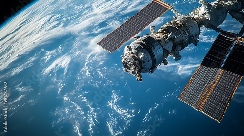 Space Station in Orbit: A detailed view of a space station orbiting Earth, with solar panels extended and modules connected. The Earth is visible below, with blue oceans and white clouds. The photo