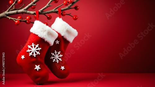 Red Christmas stockings with white stars hang on a pine branch against a red background