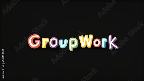 Word or title of "Group Work" lettering drawn with white chalk on black background, idea for school learning process