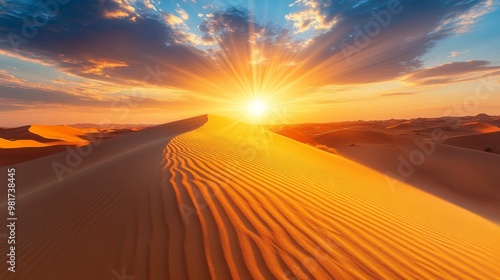 Desert Landscape with Sun Rays and Sandy Dunes