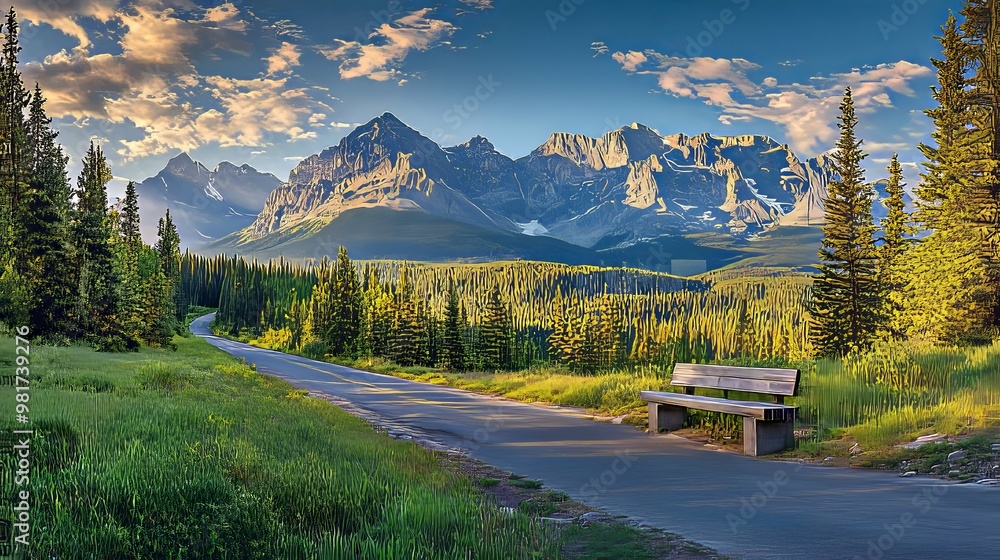 Scenic Mountain Road with Bench and Forest Scenic Mountain Road with Bench and Forest