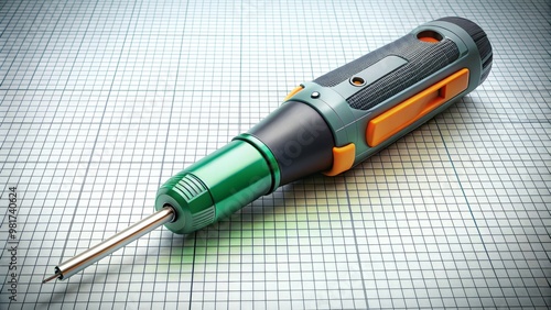 Isolated illustration of a handheld screwdriver tester on a clean white background with subtle grid pattern, showcase its ergonomic design and various built-in testing tools