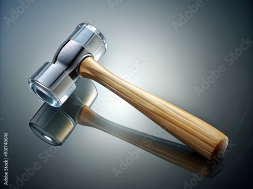 Illustration of a delicate glass hammer with a wooden handle, sitting on a subtle gradient background that highlights its transparent and reflective surface photo