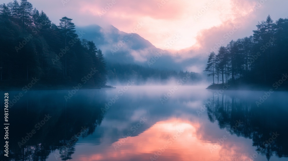 Obraz premium Misty Morning Sunrise Reflected in a Tranquil Lake