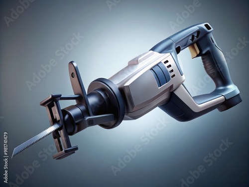 A 3D perspective illustration of a cordless reciprocating saw suspended in mid-air, with a subtle gradient background that fades from light grey to dark grey photo