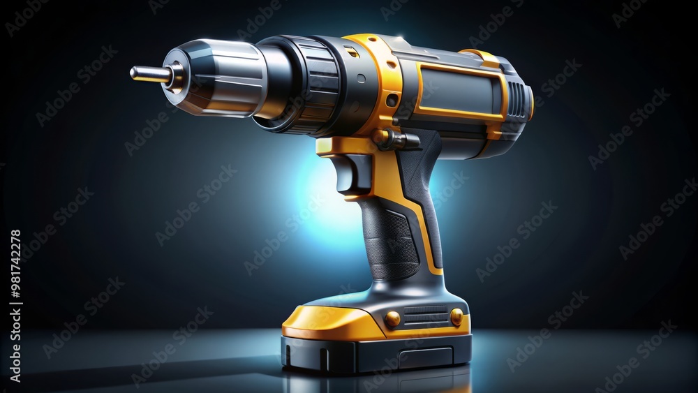 A precise and detailed illustration of a cordless drill screwdriver on a dark gradient background, focusing on the tool's ergonomic design and quick-change mechanism A precise and detailed illustration of a cordless drill screwdriver on a dark gradient background, focusing on the tool's ergonomic design and quick-change mechanism