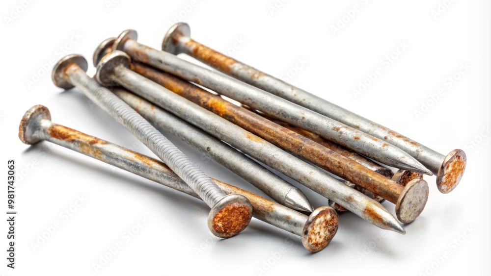 A detailed illustration of a handful of nails with slight imperfections, such as rust spots, bent tips, and minor scratches, set against a clean white background A detailed illustration of a handful of nails with slight imperfections, such as rust spots, bent tips, and minor scratches, set against a clean white background