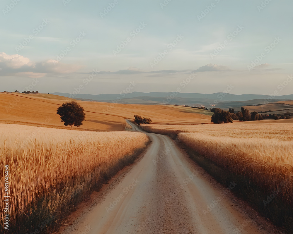 Obraz premium Country Road Through Golden Wheat Field Landscape