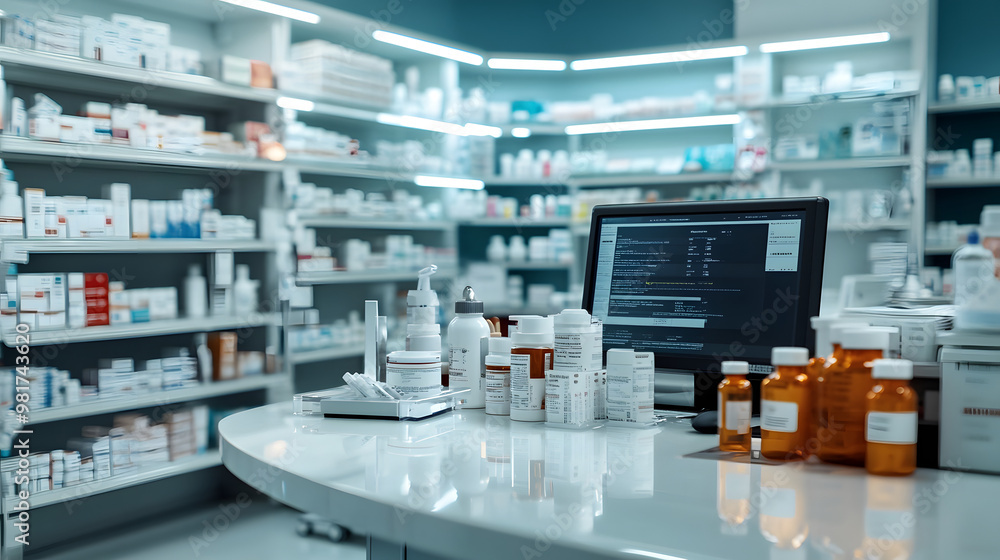 Pharmacy Counter with Medication Bottles and Computer